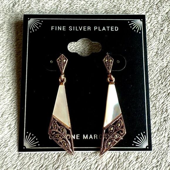 Designer Fine Silver Plated Genuine Marcasite Rose Gold Tone Drop Earrings - Picture 1 of 4